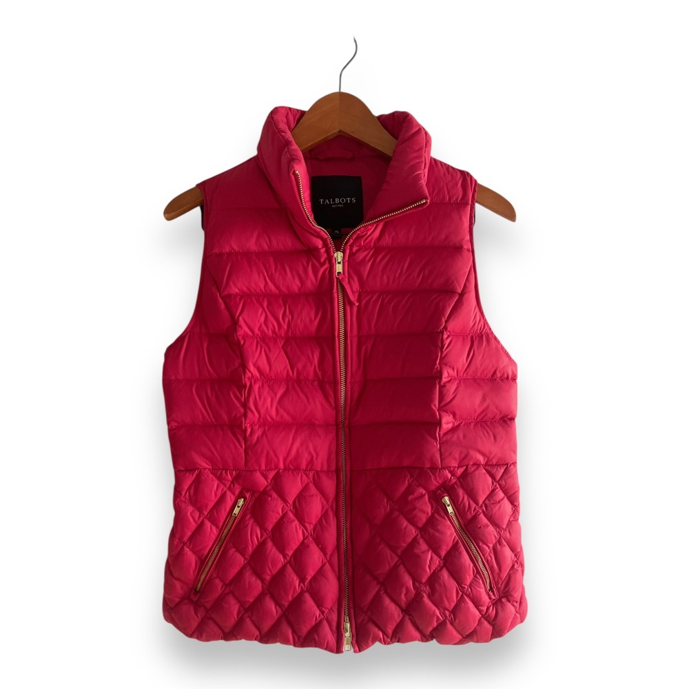 Talbots Petites Red Down Puffer Vest Mixed Quilt Gold Zip Sleeveless Jacket PS